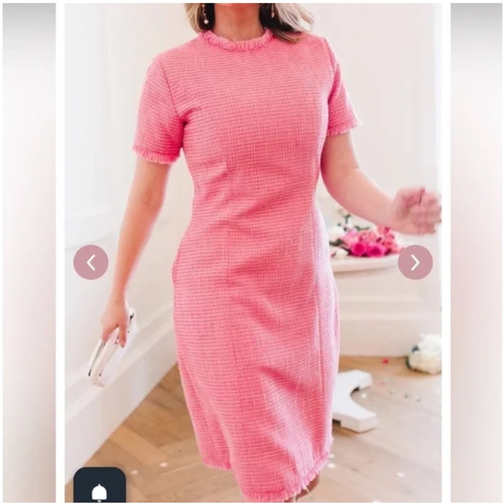 Ivy City Co Reese Barbie Pink Tweed Short Sleeve Sheath Dress Fray Trim Sz M